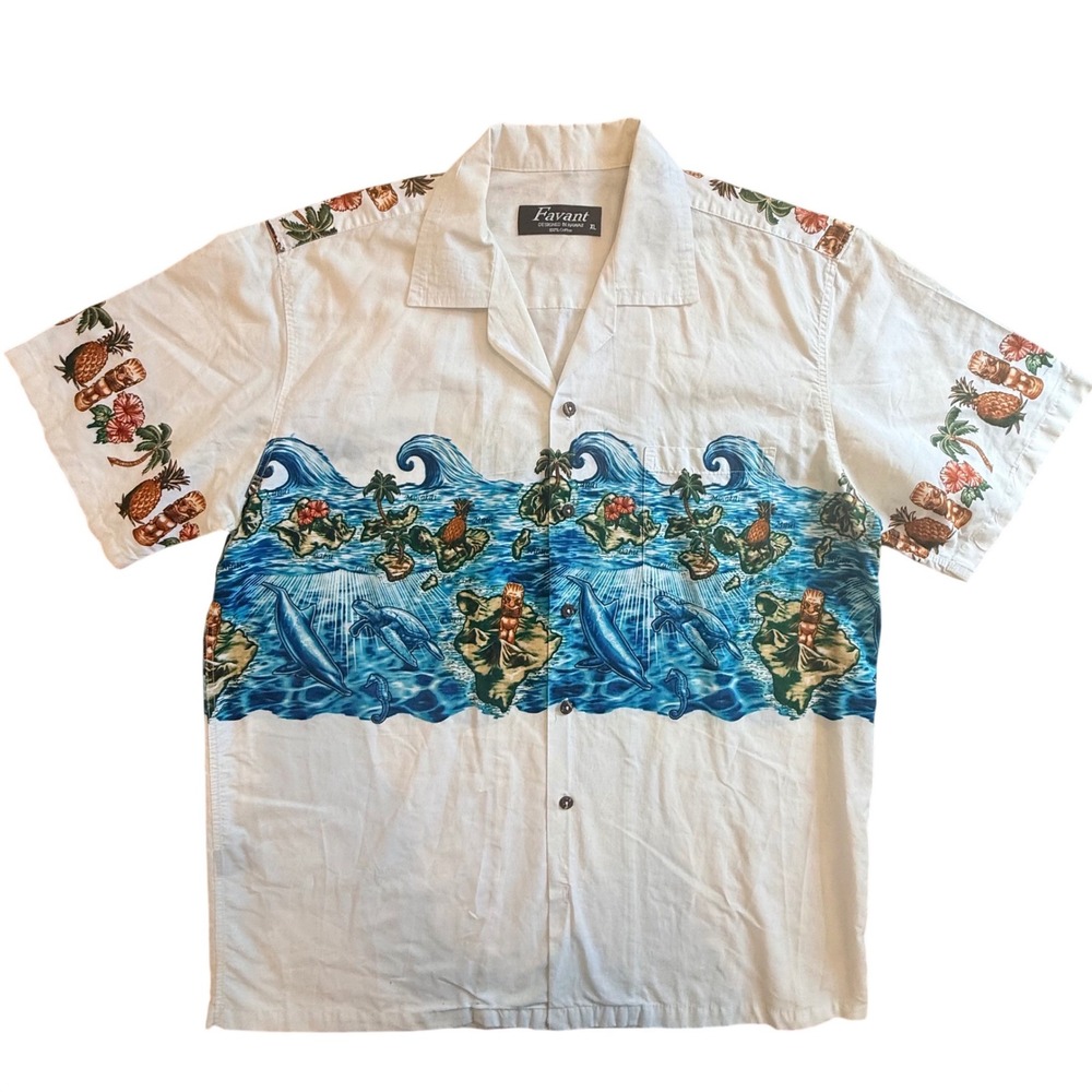 RARE Favant Mens XL Hawaiian Shirt White Tiki Dolphin Ocean Wave Tropical Aloha
